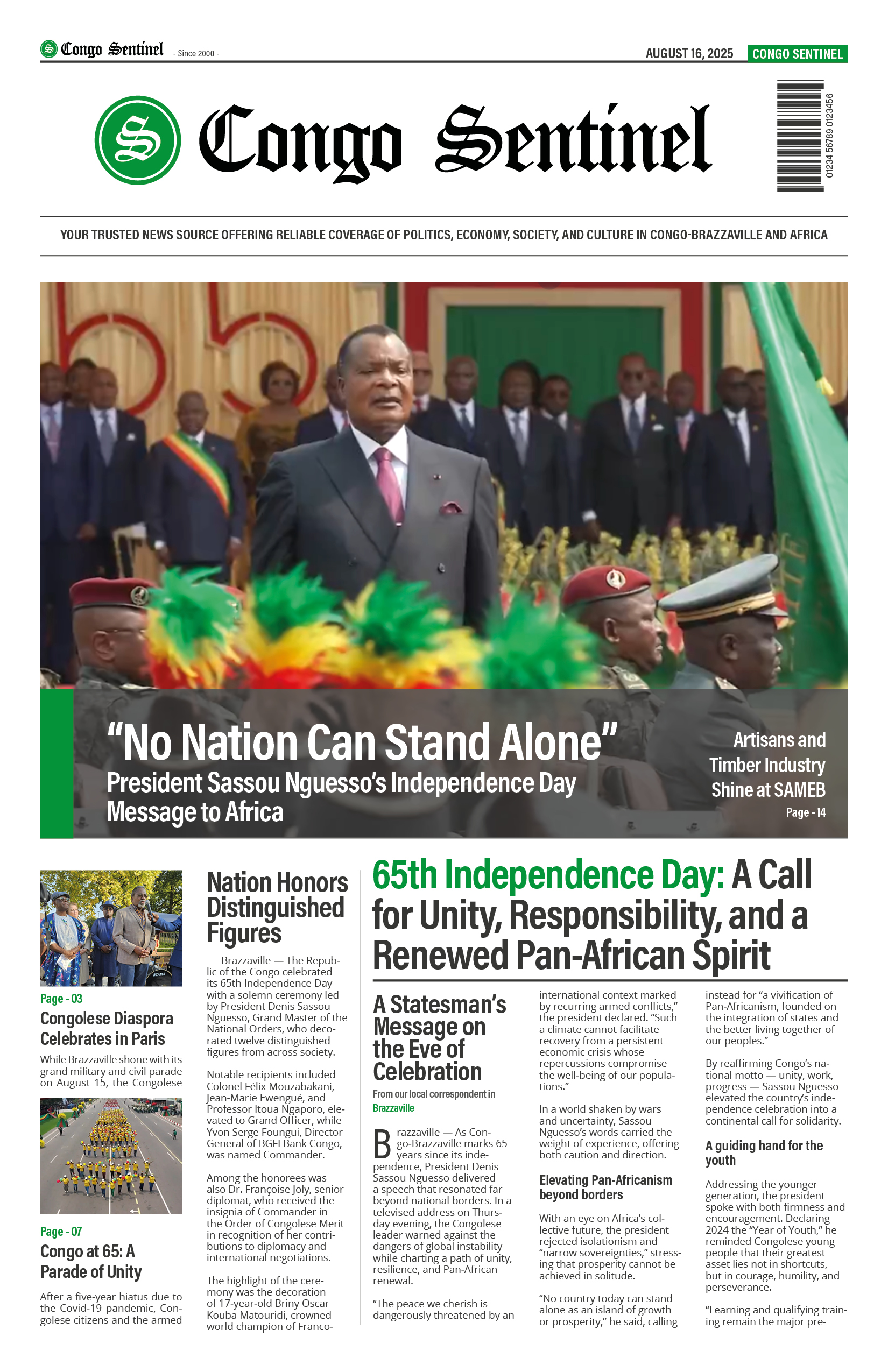 Front page of Congo Sentinel August 16, 2025 Edition